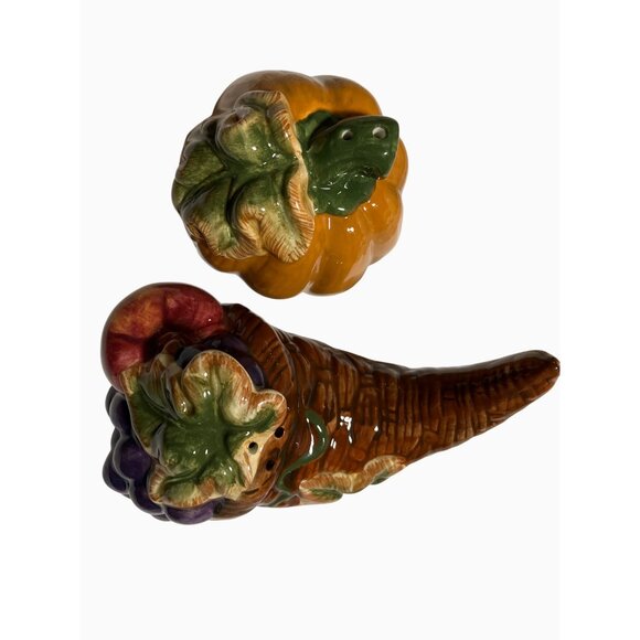 Decorative Ceramic Harvest Cornucopia Thanksgiving Salt and Pepper Shaker Set - Picture 7 of 10